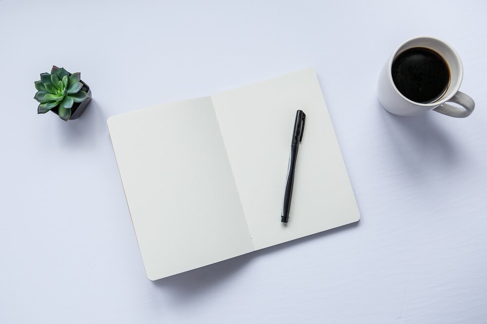 Top view of pen on open notebook with blank pages.